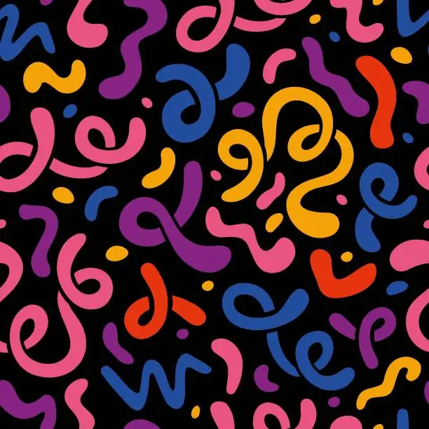 Vector illustration of Seamless pattern with abstract colorful squiggles, fluid shapes, curls, cartoon style. Wavy lines, organic forms on a black background. Trendy modern vector illustration, hand drawn, flat design