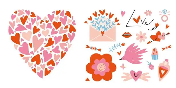 Vector illustration of Big heart made from small hearts and romantic objects like envelope, sweets and flowers. Valentines day concept, cartoon style. Trendy modern vector illustration isolated on white, hand drawn, flat