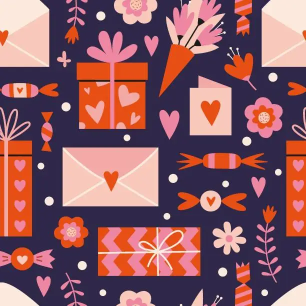 Vector illustration of Saint Valentine's seamless pattern with cute romantic presents, sweets, gift box and flowers, on a dark background, cartoon style. Trendy modern vector illustration, hand drawn, flat design