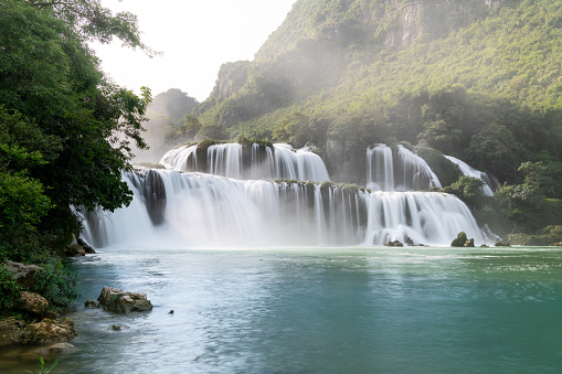 view of Detian or Ban Gioc waterfall, Cao Bang, Vietnam. Ban Gioc waterfall is one of the top 10 waterfalls in the world. Travel and landscape concept.