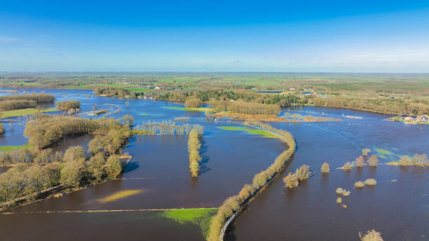istock Vecht river high water level flooding at the Vilsteren weir drone view 1755750056