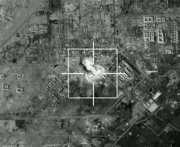 Satellite, bomb and target sign for missile in city for war, international conflict and military. Army, warzone and atomic, nuclear and rocket launch in country for warfare, explosion or strike