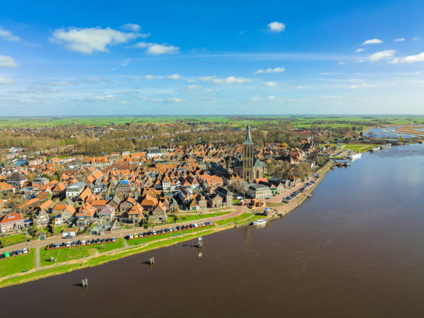 hasselt drone view on the riverbank of the zwarte water - grass church flood landscape imagens e fotografias de stock