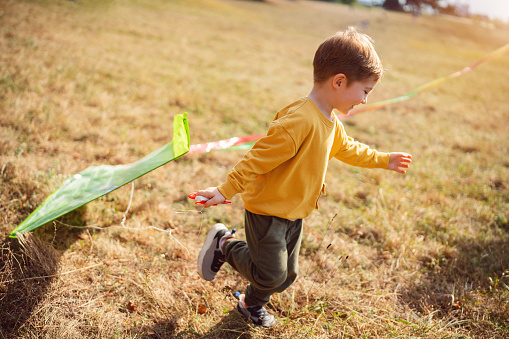 Boy playing with a kite outdoors.