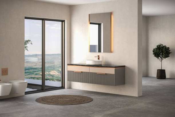 istock Modern minimalist bathroom interior, modern bathroom cabinet, white sink, wooden vanity, interior plants, bathroom accessories, bathtub and toilet, beige walls 1755765986