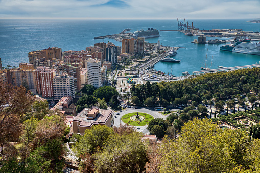 View of sea, mountains, harbor and city of Malaga Spain. Andalusia.