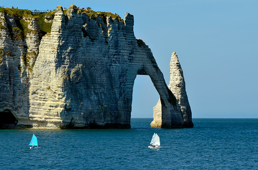 France, Normandy, impressive rock formation in Etretat on English Channel