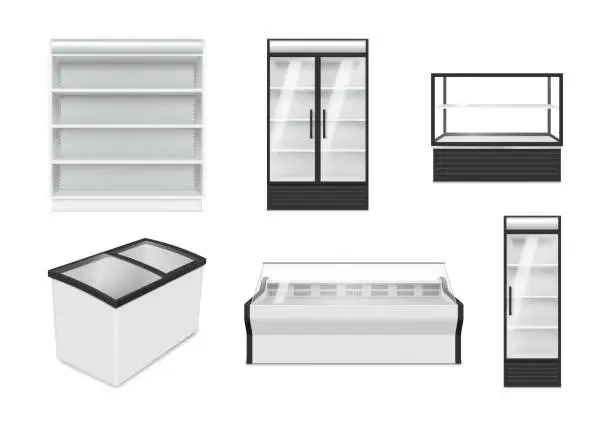 Vector illustration of Commercial refrigeration equipment fridges showcases for display grocery store set realistic vector