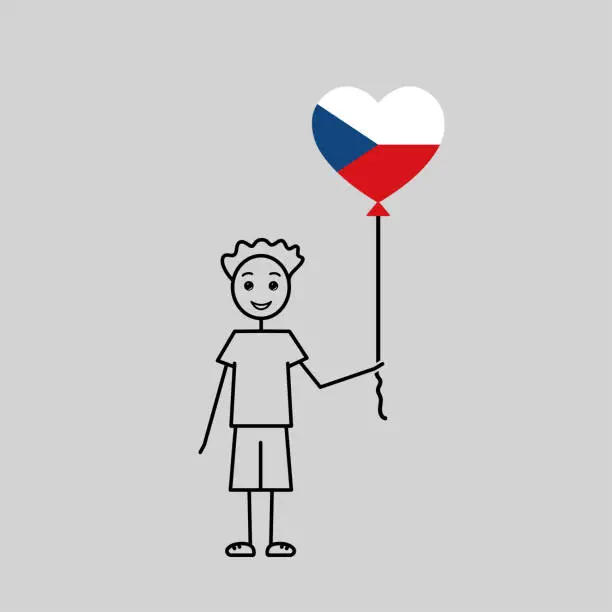 Vector illustration of hand drawn czech boy, love Czech Republic sketch, male chatacter with a heart shaped balloon, black line vector illustration