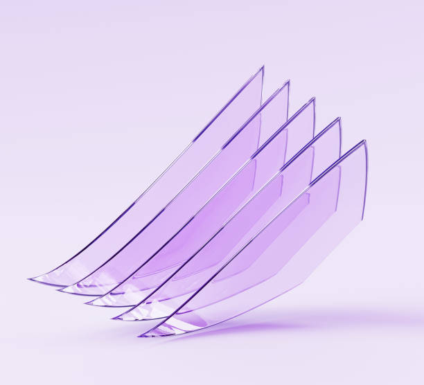 3d render abstract geometric background with layers of plastic film sheets, transparent flexible glass or crystal plates. Iridescent wave shapes with sharp edges and hologram gradient