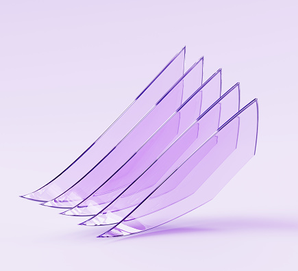 3d render abstract geometric background with layers of plastic film sheets, transparent flexible glass or crystal plates. Iridescent wave shapes with sharp edges and hologram gradient