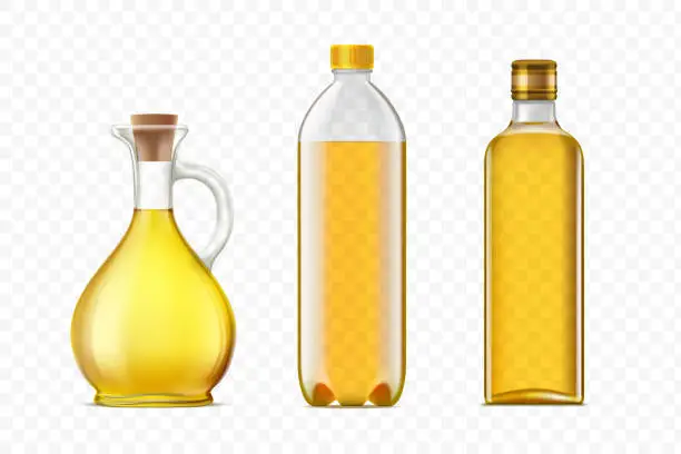 Vector illustration of Collection of bottles and jug with cooking oil.