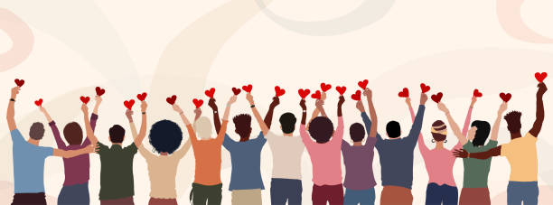 ilustrações de stock, clip art, desenhos animados e ícones de group of diverse people seen from behind with hands raised holding a heart. charitable donation and volunteer work. community.ngo.aid.non profit.support and assistance. people diversity - caridade e ajuda