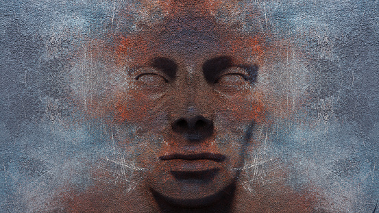 3d rendering of an abstract woman face on a rusty metal sheet