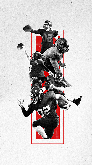 American football players during game, in motion with ball over abstract background. Creative design. Paper texture style. Sport event, betting, game, championship, competition concept. Poster for ad