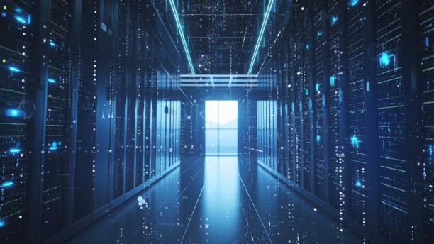 das konzept des informationsstroms, der sich durch server im rechenzentrum bewegt - server stock-fotos und bilder