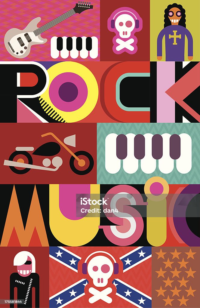 Rock Music Poster Rock Music. Musical collage - vector illustration with text "Rock Music". Motorcycle stock vector