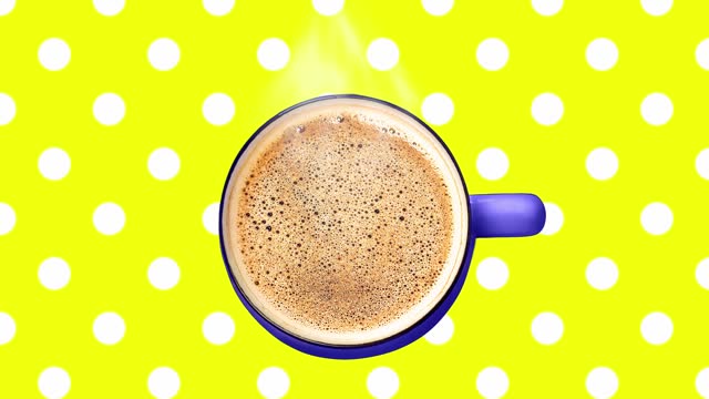 Floating coffee cup Hot drink stop motion animation polka dot yellow background. Energy Coffee to go shop levitating rotating beverage sale. Chocolate Cocoa Latte Brand advertising Social media design