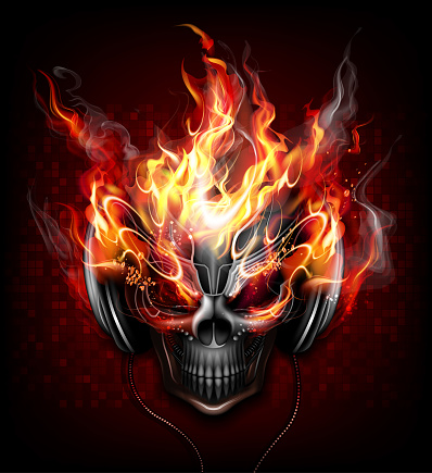 Fire burning skull with headphones. Realistic vector fire with flames and smoke. EPS 10 file. multiply and transparency effects used.http://s006.radikal.ru/i214/1308/51/f450cc718d96.jpg