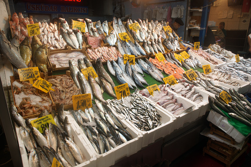 Seattle, Washington, USA - July 6, 2018: The variety of seafood selling at Pike Place Fish Market in Seattle, Washington, USA