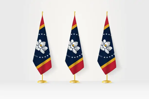 Vector illustration of Three Mississippi flags in a row on a golden stand, illustration of press conference and other meetings.