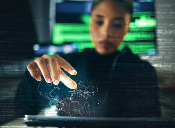 istock Hacker, woman and hand with global network hologram, information technology and database with digital transformation. Cybersecurity, programming or hacking, 3D globe and system with coding overlay 1755835397