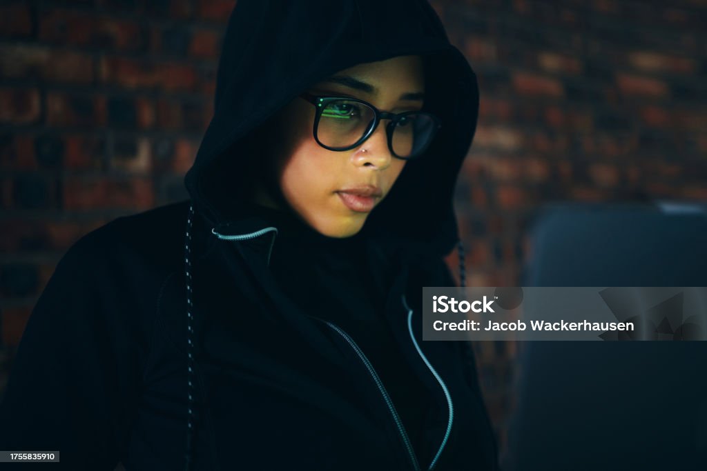 Female Hacker Rapper Hacker Woman In Dark Room With Laptop And Information Technology Coding ...