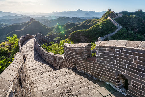 wide angle view of an empty Great wall of China at the afternoon. Steps and towers at the Jinshanling Section