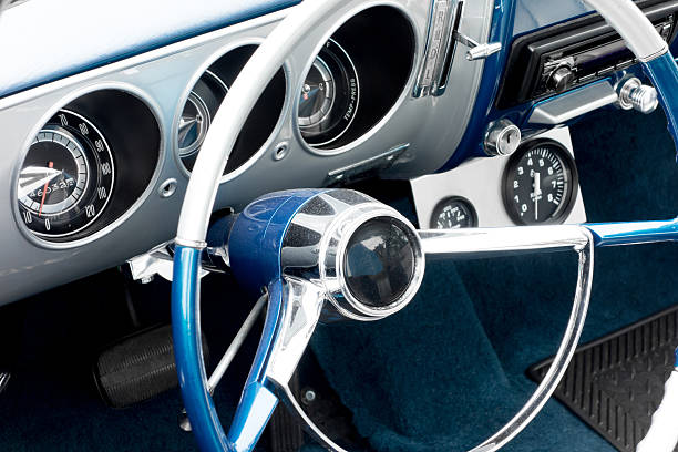 istock Steering wheel and dashboard of an old retro amercan car 175584394