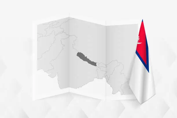 Vector illustration of A grayscale map of Nepal with a hanging Nepalese flag on one side. Vector map for many types of news.