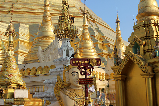 Golden domes and turrets at the Shwedagon Pagoda in Rangoon, Myanmar.