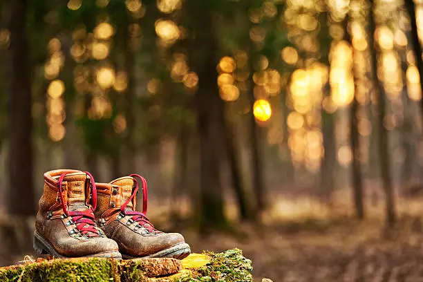 "old hiking boots on the tree stump, copy spaceCHECK OTHER SIMILAR IMAGES IN MY PORTFOLIO...."