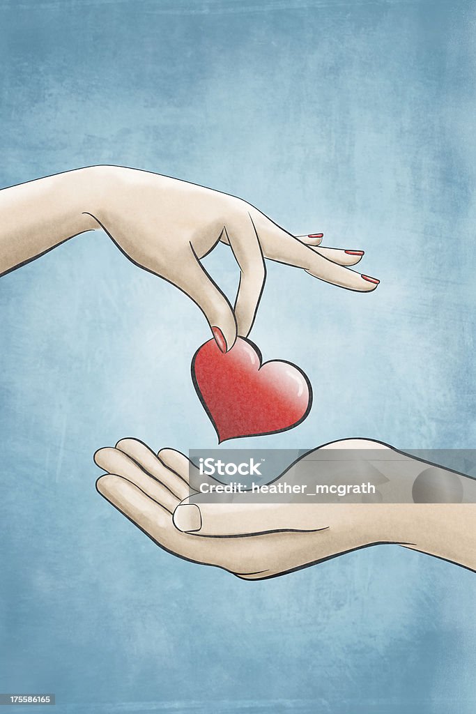 A illustration of one hand giving a heart to another A woman, giving a man a heart shape. Adult stock illustration