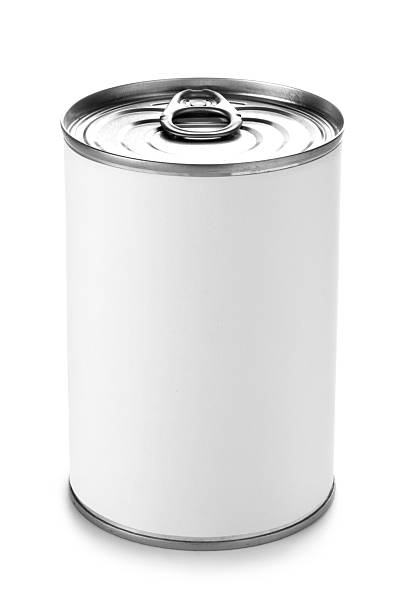 Tin can with a peel lid on a white background Tin can with a blank label isolated on a white background. Ideal for positioning your own artwork onto. preserved stock pictures, royalty-free photos & images