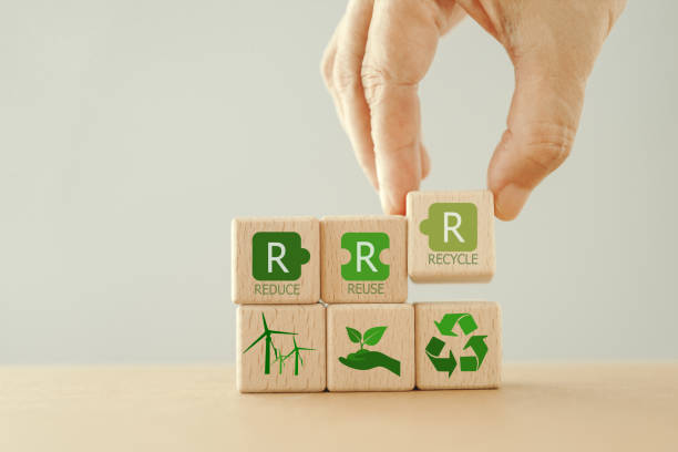 istock hand arranged wooden cube block , reduce, reuse and recycle  text  and green icon for save world, environmental , ecological waste management and a sustainable and economical lifestyle 1755865121