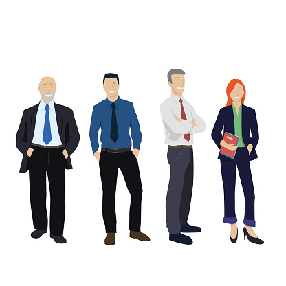 Vector illustration depicting businessmen and women, office workers. A smiling team at work