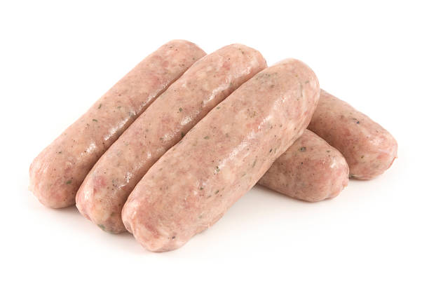 Five Cumberland Pork Sausages on a white background.