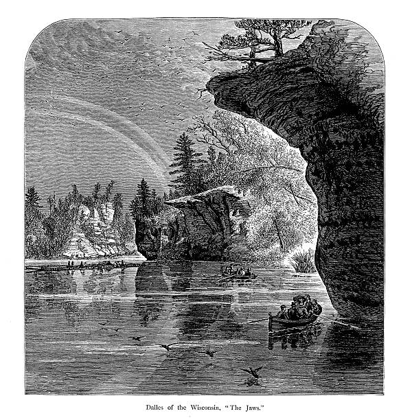 Rapids of the Wisconsin River, USA | Historic American Illustrations "19th-century engraving of rapids in the Wisconsin River, USA. Illustration published in Picturesque America (D. Appleton & Co., New York, 1872). MORE VINTAGE AMERICAN ILLUSTRATIONS HERE:" the dalles stock illustrations