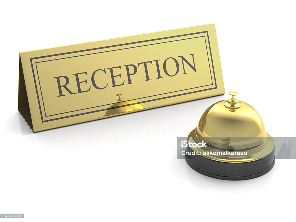 Oro servicio bell en la recepción sobre blanco - Foto de stock de Timbre de hotel libre de derechos