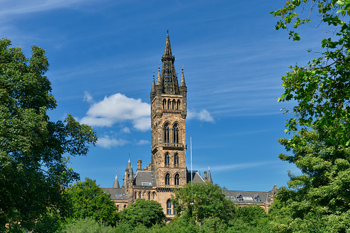 The bell tower of Glasgow University photographed on a bright summer's day.
