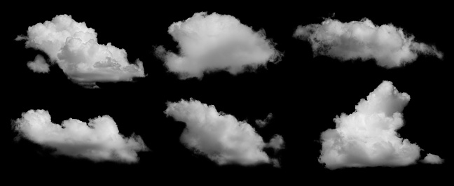 Set of white clouds on black background. Ready to use with screen mode.