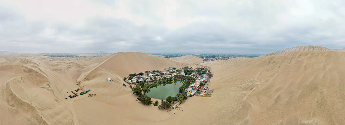 View of the Huacachina oasis in Ica, Peru
