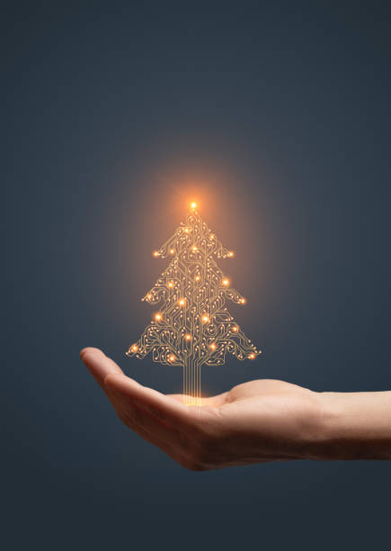 istock Artificial intelligence circuit board Christmas Tree symbol in hand on dark background 1755897977