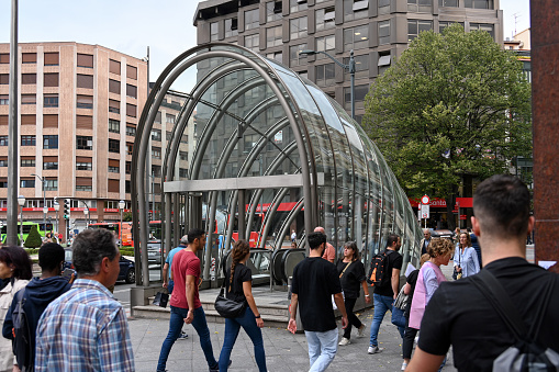 Bilbao, Spain, October 19, 2023 - The shell-shaped entrances to the Bilbao, popularly known as 