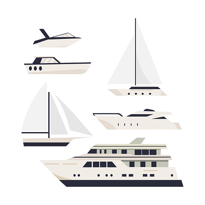 Flat illustration of overseas ships. Set of different types of ships.