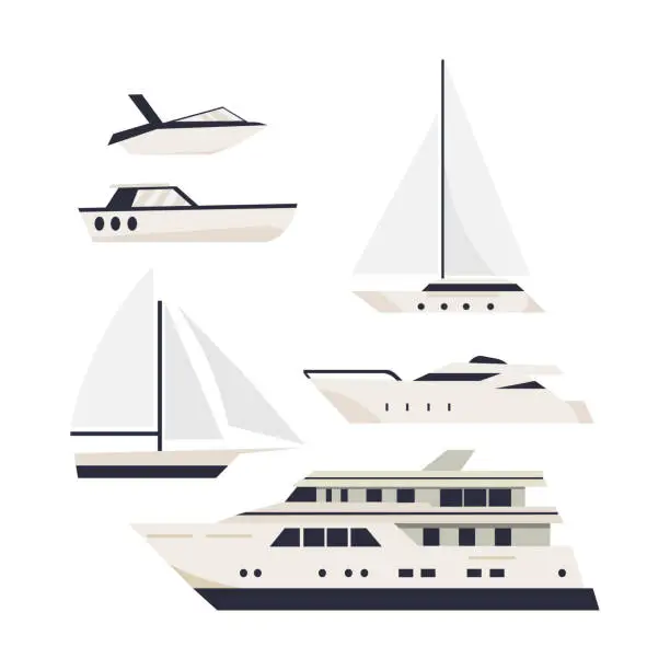 Vector illustration of Flat illustration of overseas ships. Set of different types of ships.