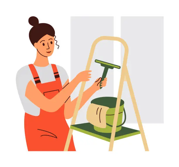 Vector illustration of Housekeeping, Young woman housekeeper washes window glass, Sanitary services. Flat vector illustration.