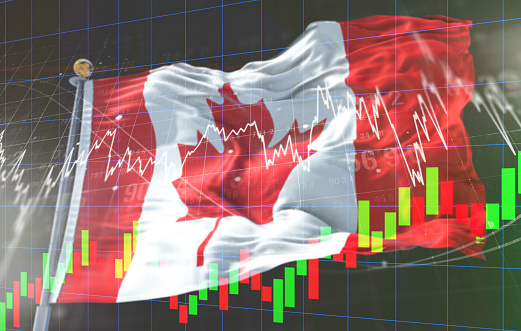 Canada Stock market and forex indicator trading graph with a Canadian flag. Toronto Stock Exchange chart business growth finance crisis economy coronavirus Recovery 2020