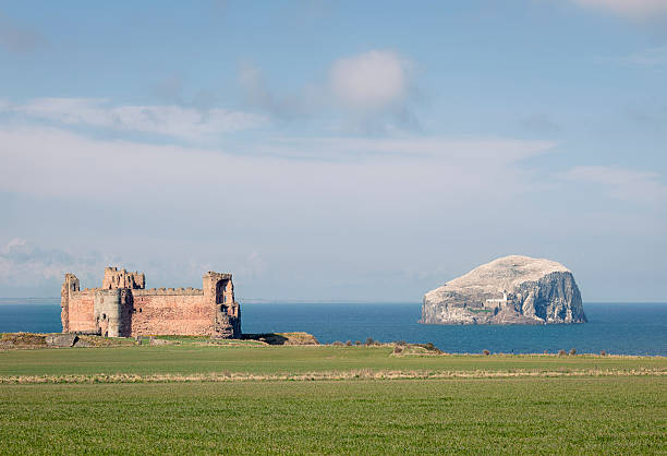 Tantallon Castle and the Bass Rock A summer view of the ruined Tantallon Castle and the Bass Rock, located near North Berwick in East Lothian, Scotland. north berwick scotland east lothian castle scotland stock pictures, royalty-free photos & images