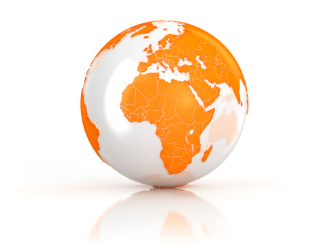 Orange earth globe on white surface - Africa and Europe.Digitally generated 3D image. Isolated on white background.